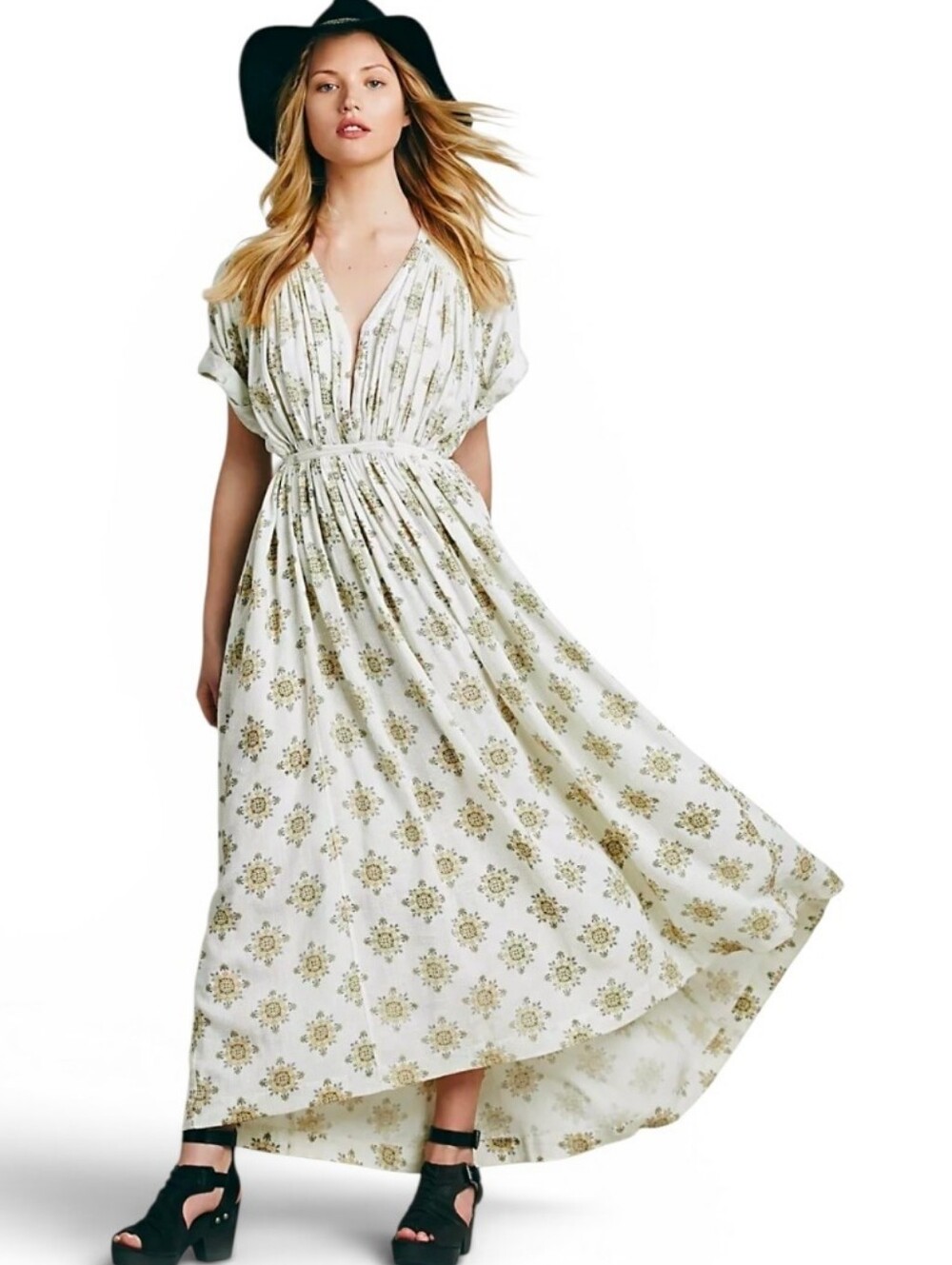 FREE PEOPLE X REVOLVE Oasis Boho Kimono Sleeve Maxi Dress Vanilla Combo - Small - Picture 1 of 12